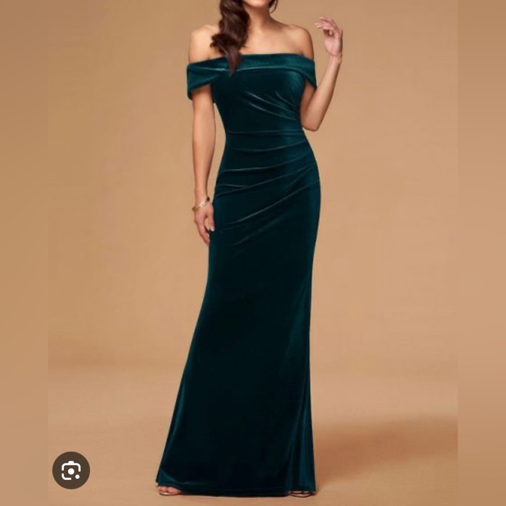 Green velvet off-shoulder dress